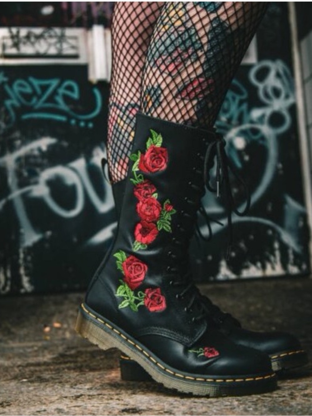 Doc Marten 1914 Vonda Mono Embroidered Rose Floral 14 Eye Black Red Combat Boots